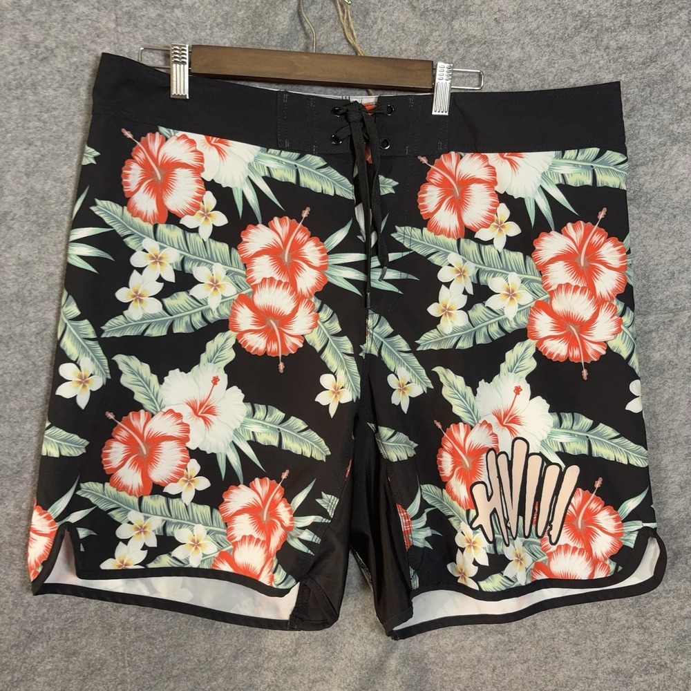 HVIII Brand Goods Board Shorts‎ Mens 40 Black Floral Pockets 8.5" Inseam
